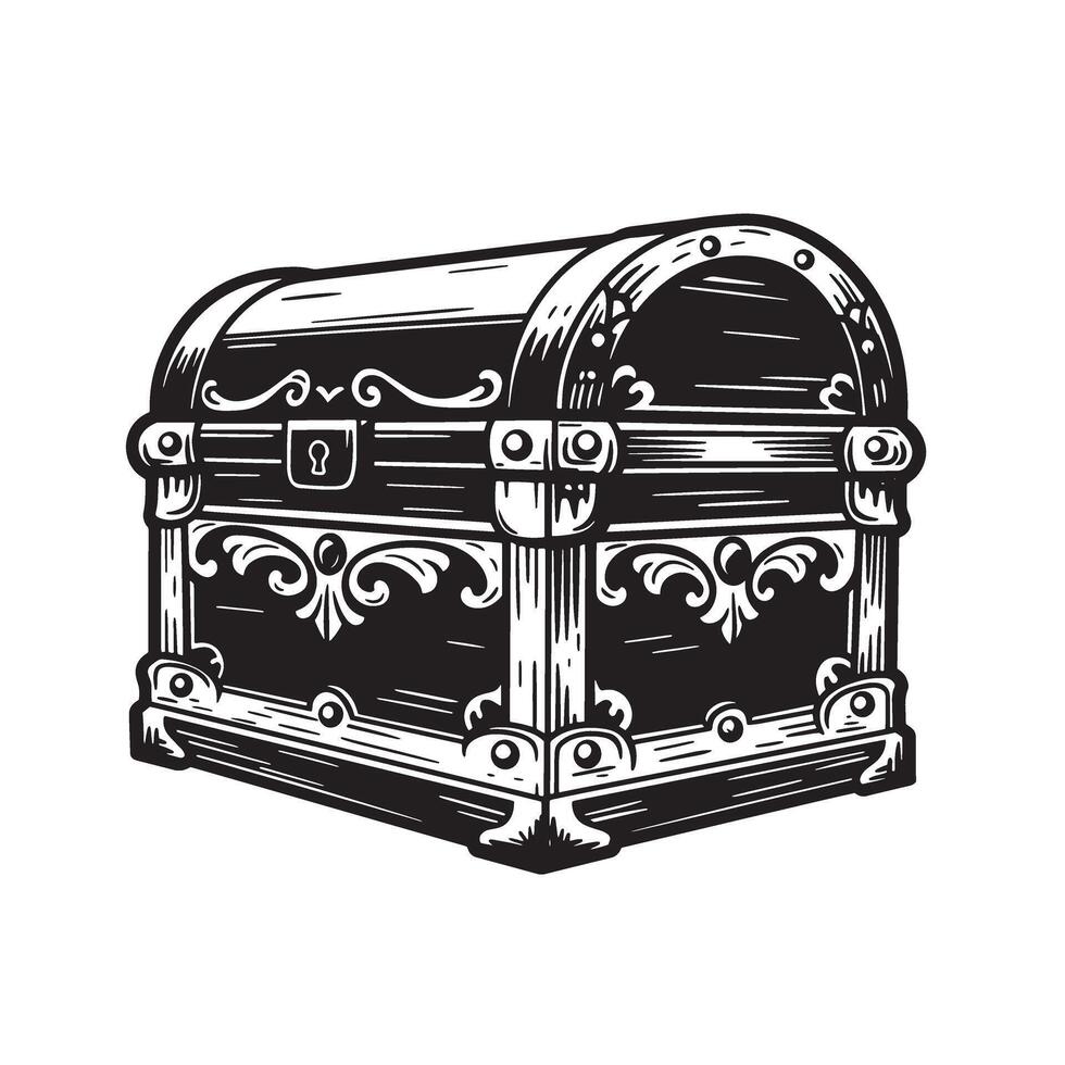 Antique wooden treasure chest illustration in vintage art silhouette style with decorative elements vector