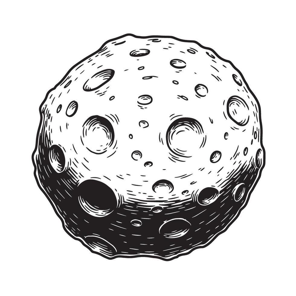 Hand drawn detailed vintage art silhouette of a cratered celestial moon body in monochrome style vector