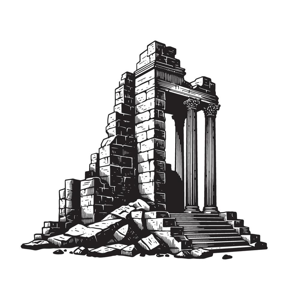 Vintage art silhouette illustration of ruined ancient temple with classical columns and steps vector