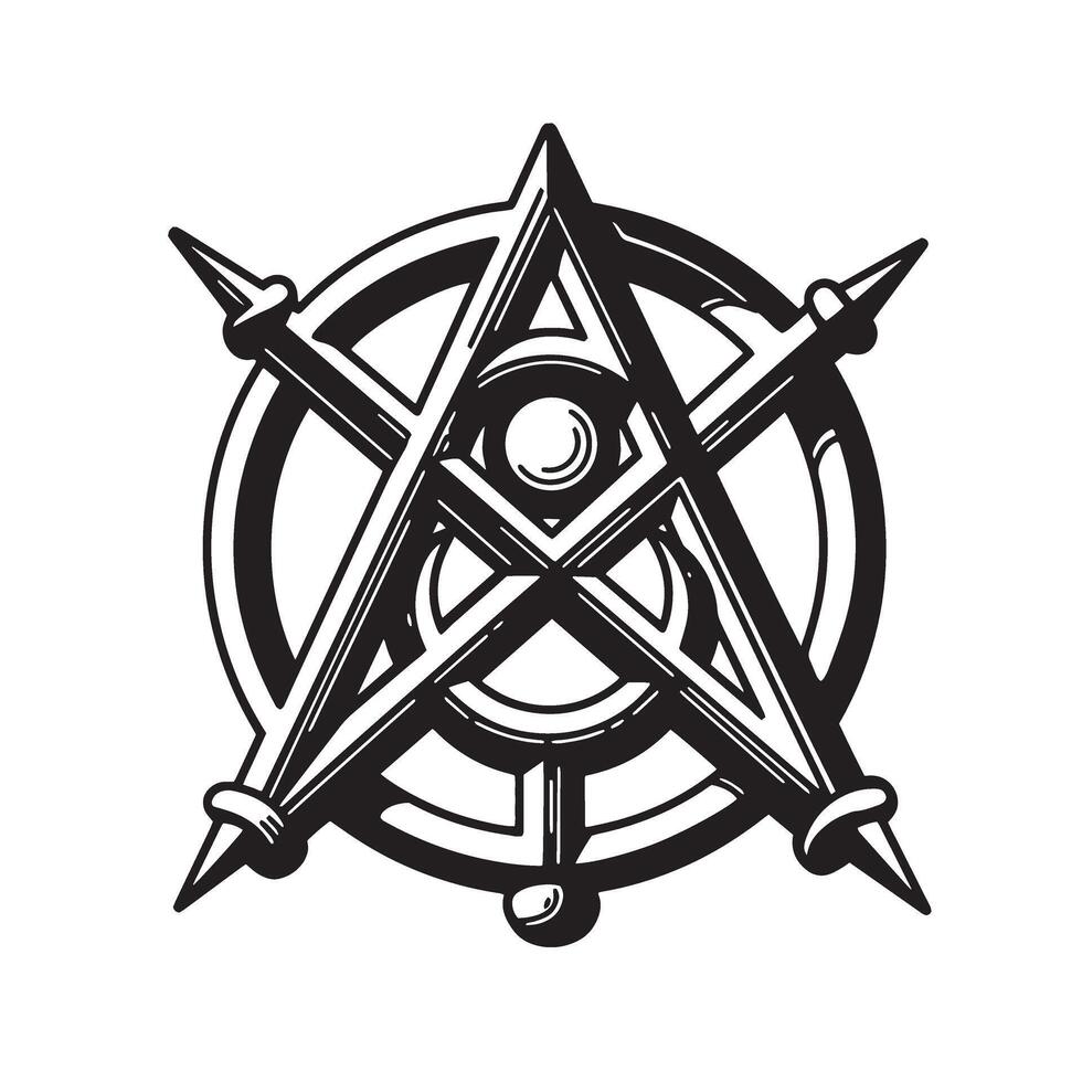 Vintage art silhouette of mystical symbol with a star compass design in black and white vector