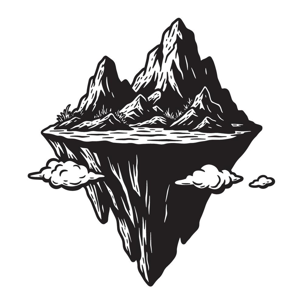 Vintage art silhouette floating mountain island with clouds in a black and white design vector