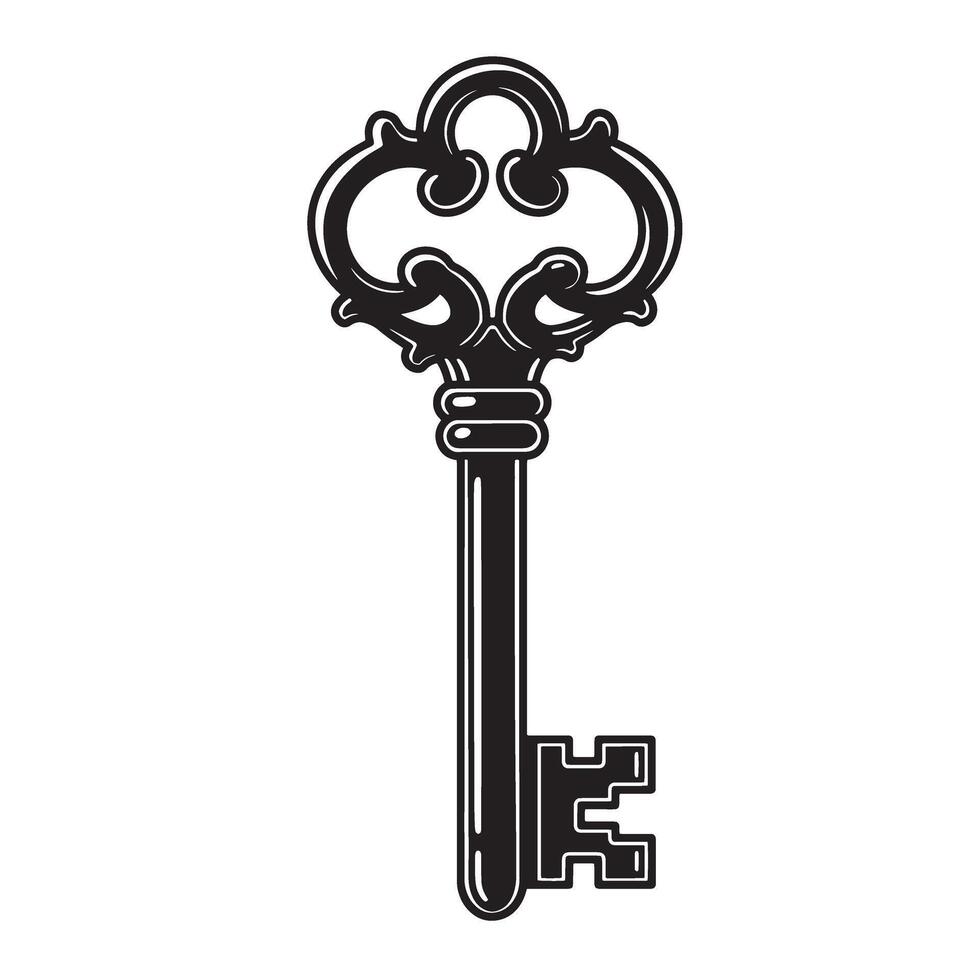 Detailed black and white vintage art silhouette of an ornamental key isolated on white vector