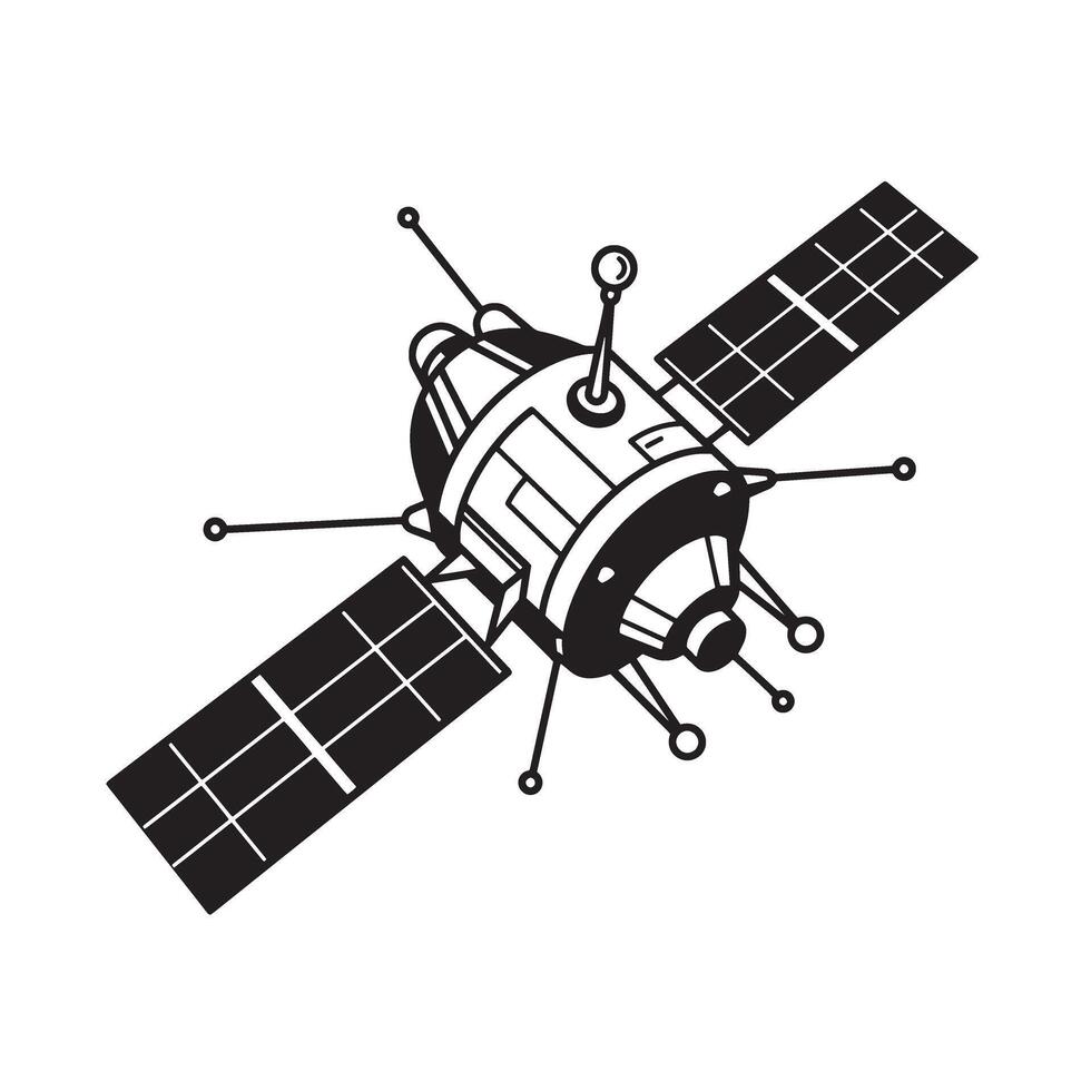 Retro black and white illustration of a satellite in space a vintage art silhouette vector