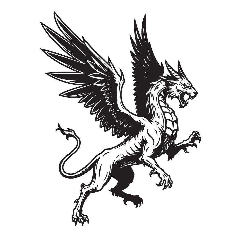 Fierce winged creature griffin illustration a detailed vintage art silhouette of a legendary beast on white background vector