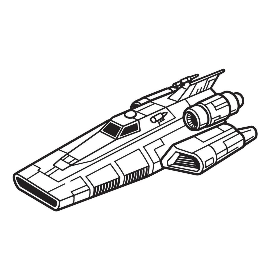 Detailed vintage art silhouette illustration of a futuristic spacecraft in a black and white design for graphic design vector