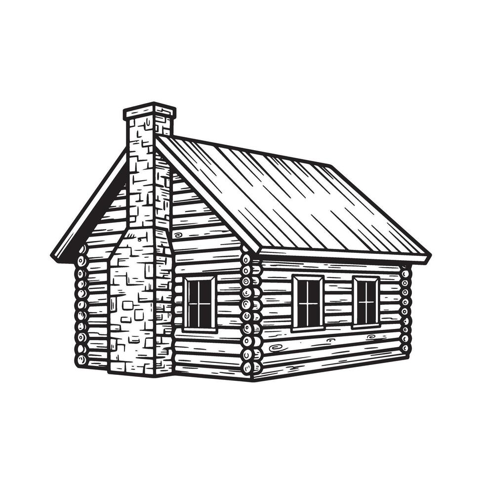 Detailed vintage art silhouette of a rustic log cabin with chimney and windows vector