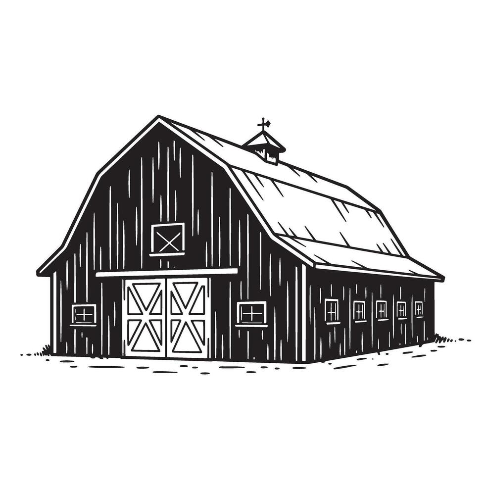 Simple black and white vintage art illustration of a classic farm barn vector