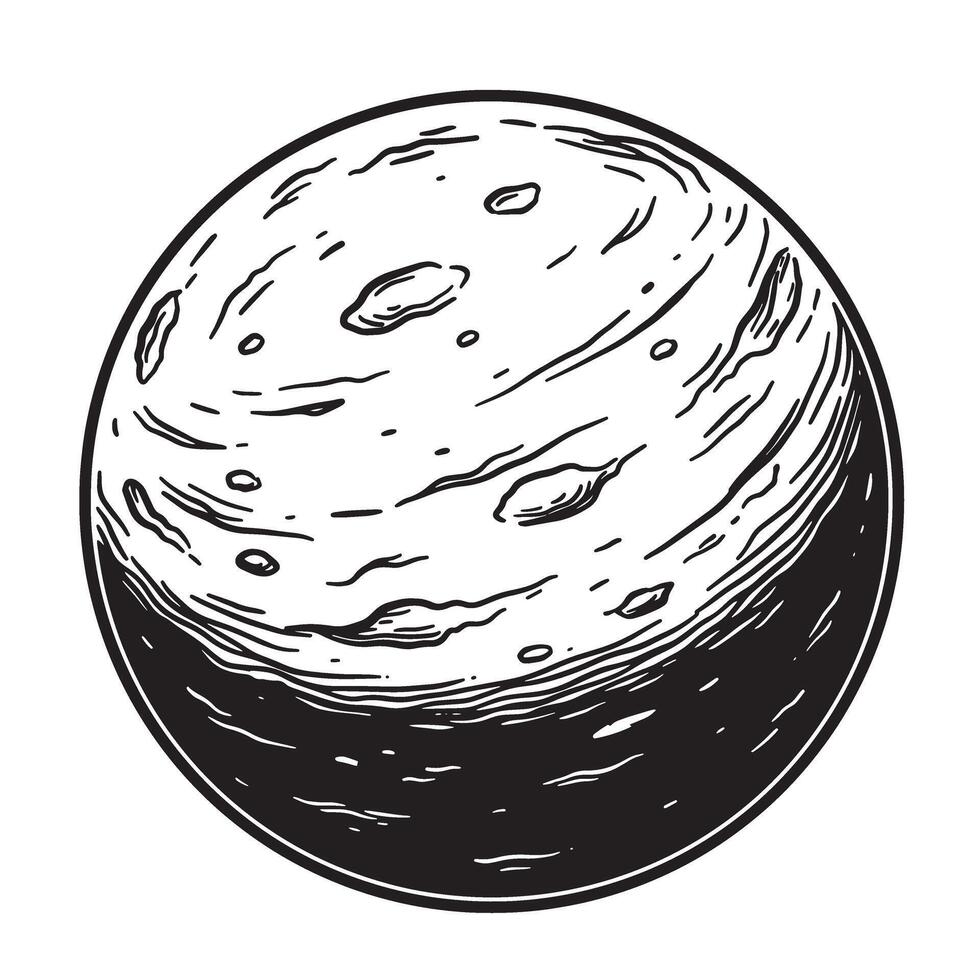 Illustration of a vintage art silhouette of a stylized planet in a retro black and white line art style vector