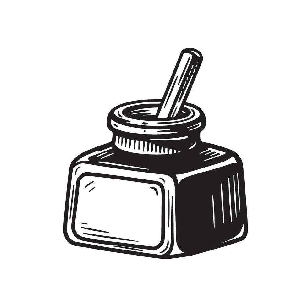 Hand drawn illustration of a vintage ink bottle with a pen for artistic design vector