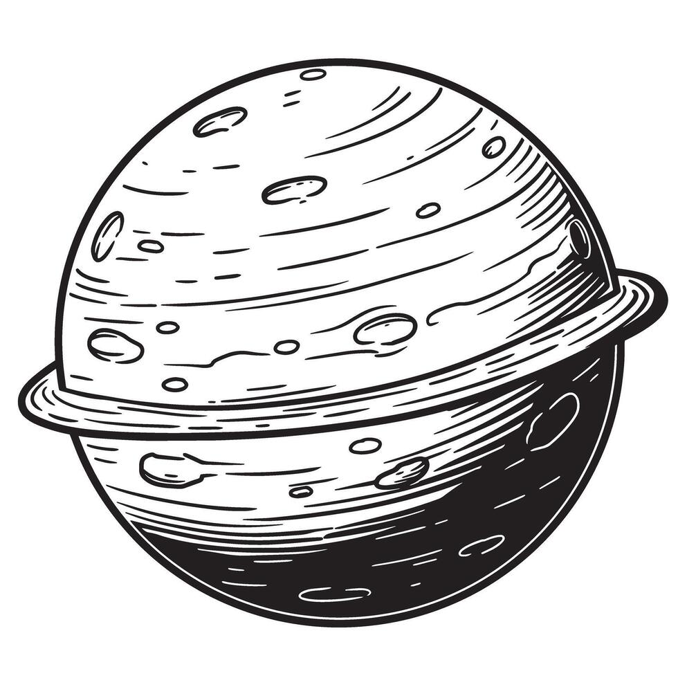 Artistic vintage art silhouette of a planet with rings and surface details in black and white vector