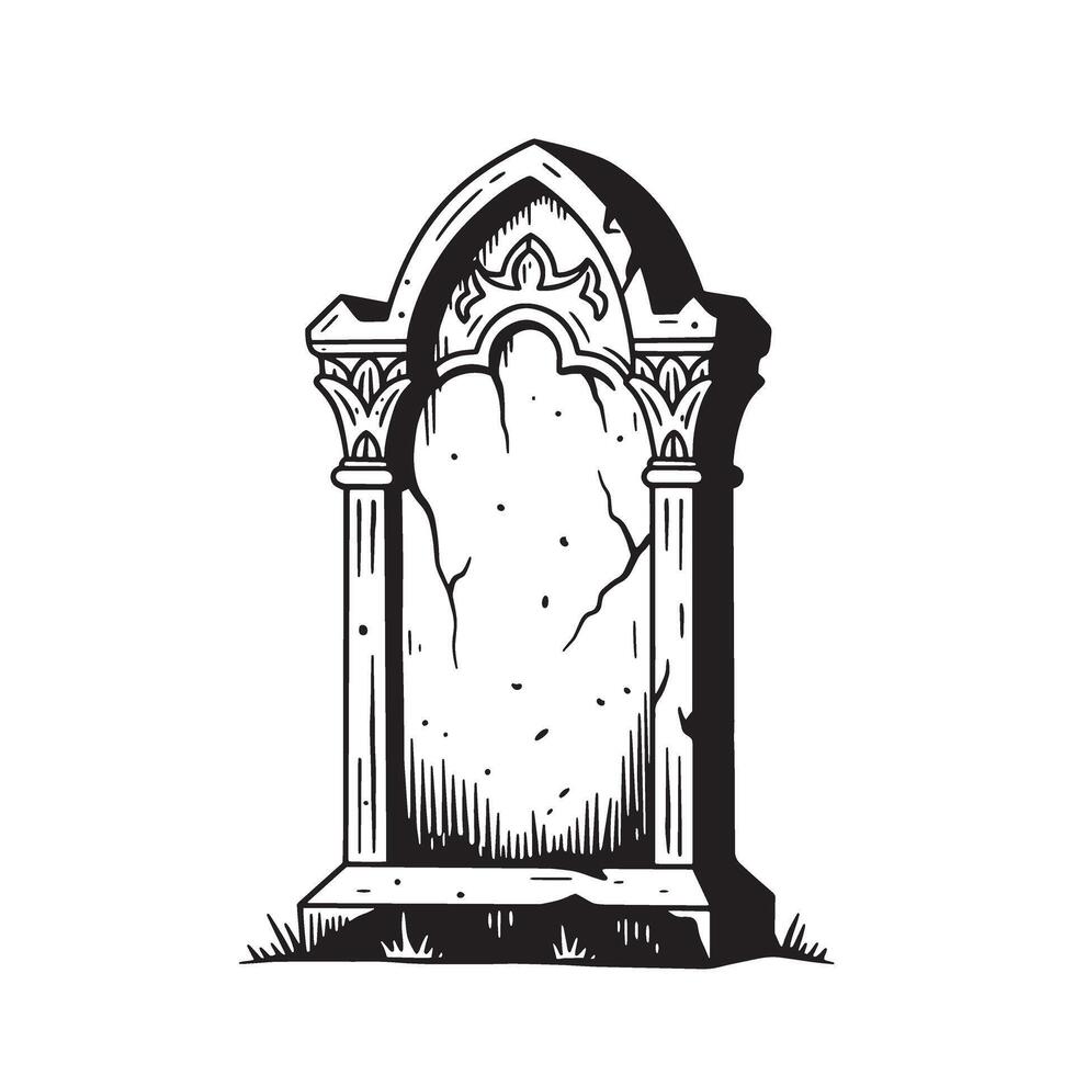 Vintage art silhouette of an old gravestone with architectural details and subtle shadows vector