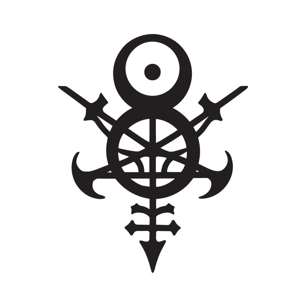 Intricate black vintage art silhouette with wheel and sword elements on white background vector