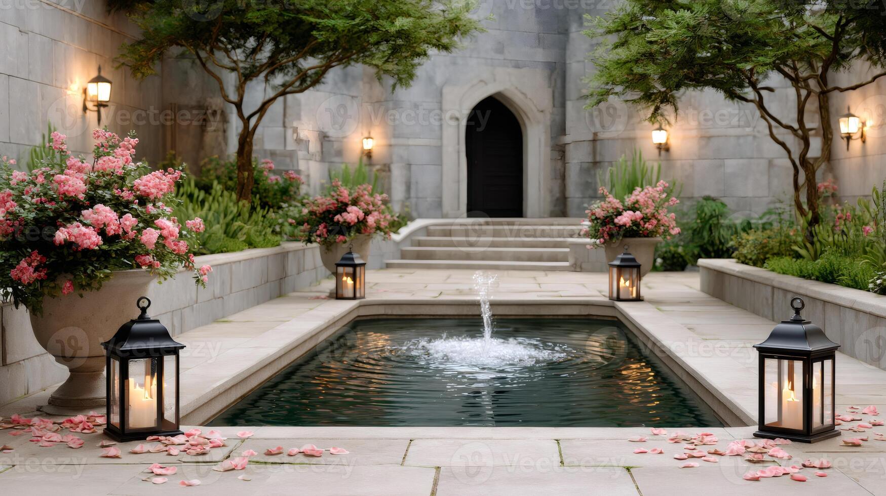 Romantic courtyard with fountain and lanterns illuminating blooming pink roses at twilight photo