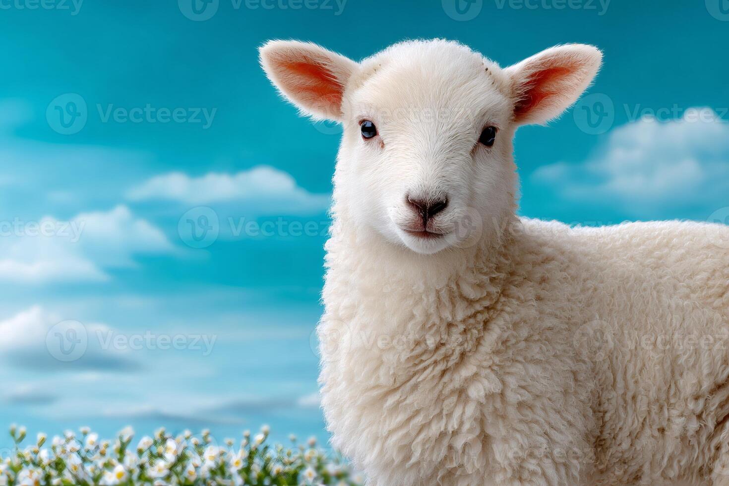Adorable lamb standing in a field of daisies with a bright blue sky photo