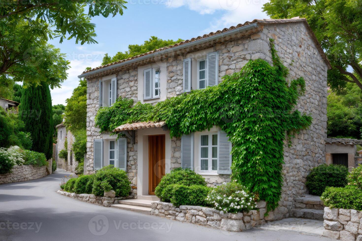 Charming stone house with climbing plants in a picturesque French village photo