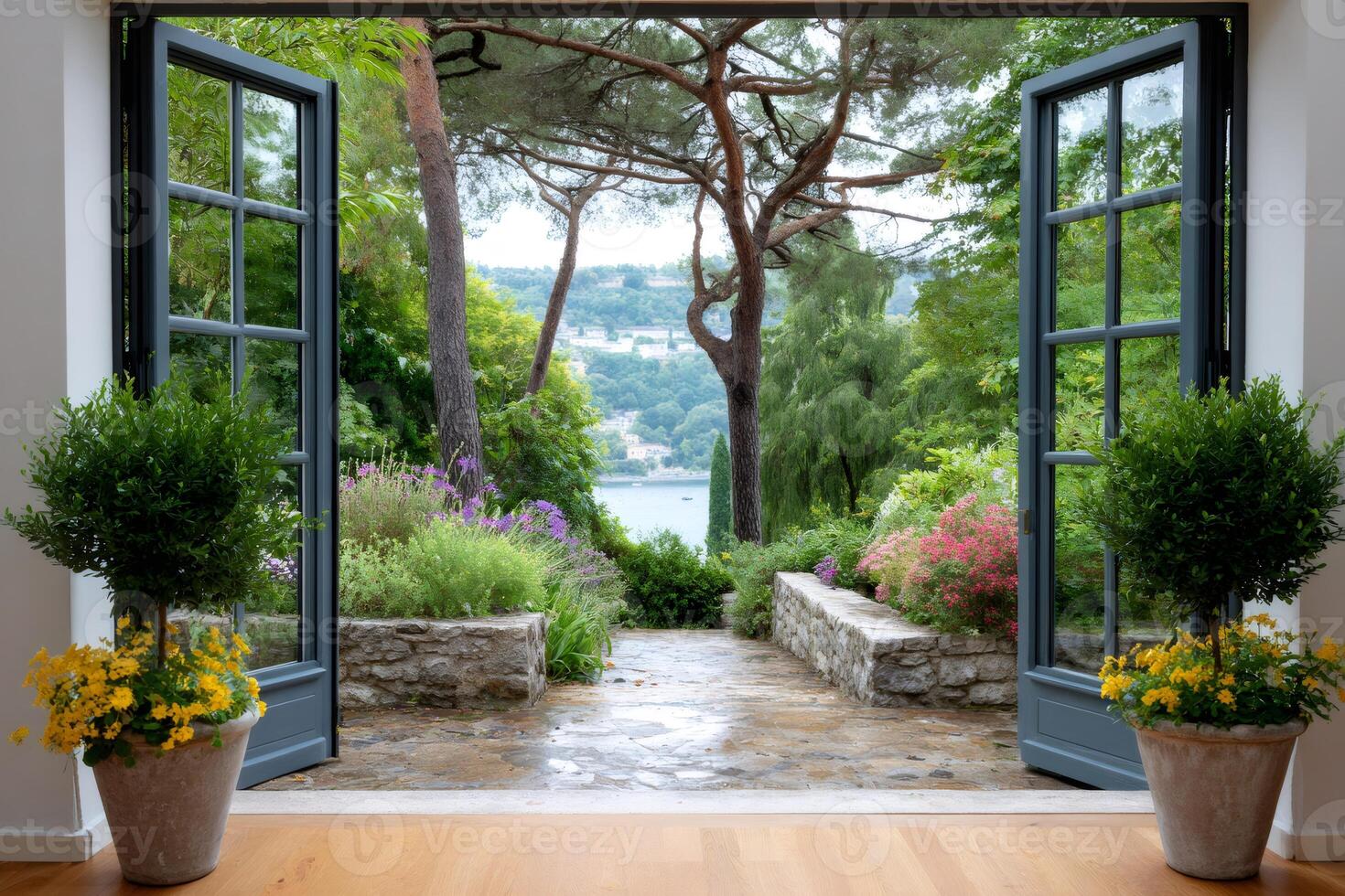 French doors opening onto beautiful garden overlooking Lake Como photo