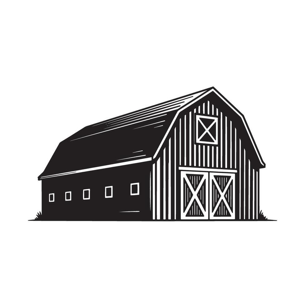 Classic black and white vintage art illustration of a traditional rural barn building for design vector