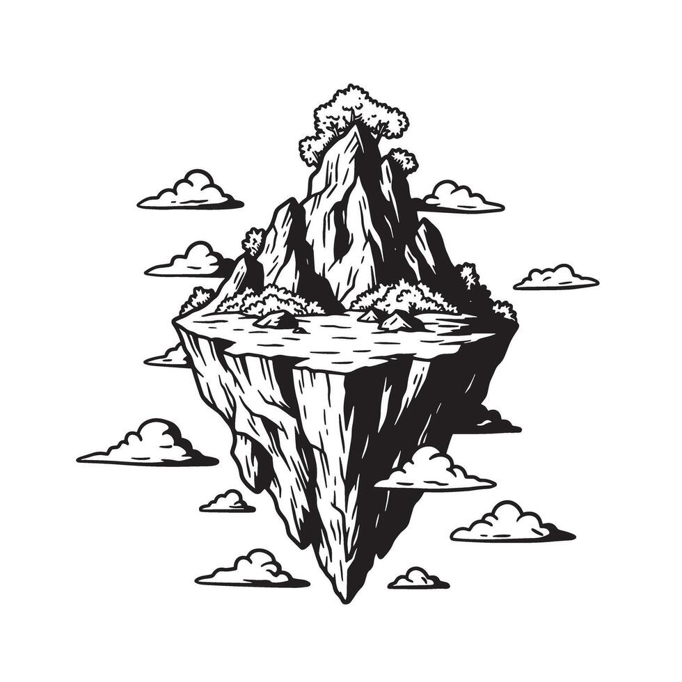 Stylized vintage art silhouette of a floating island with clouds and a tree detailed illustration vector