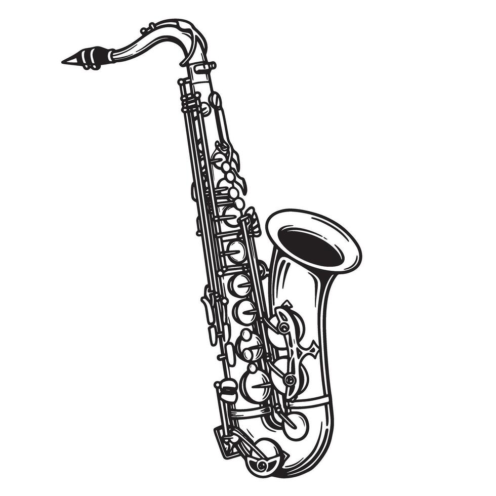 Classic monochrome illustration of a saxophone depicting musical instrument design and its silhouette isolated on white background vector