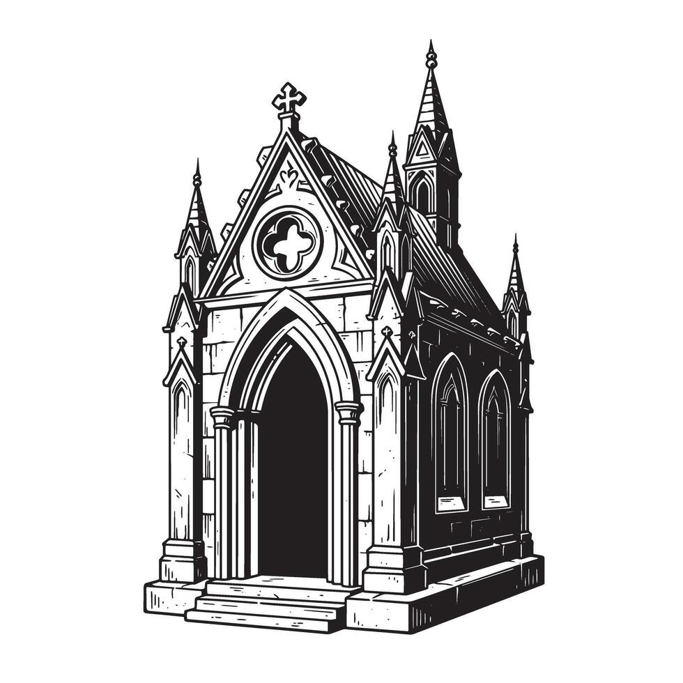 Detailed black and white vintage art silhouette illustration of a gothic chapel structure vector