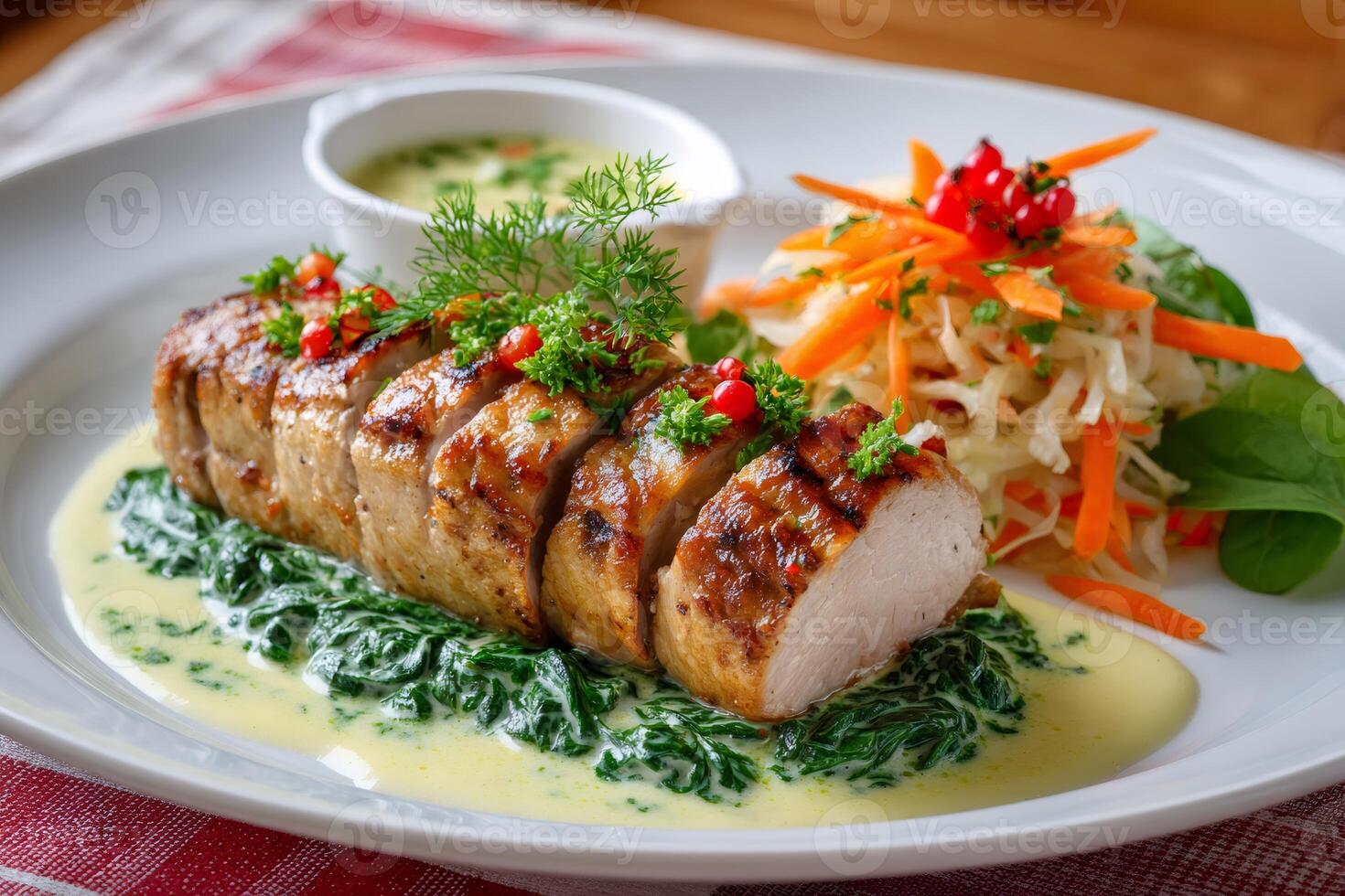 Sliced pork tenderloin with creamy spinach and vegetable salad, garnished with herbs and red currants photo