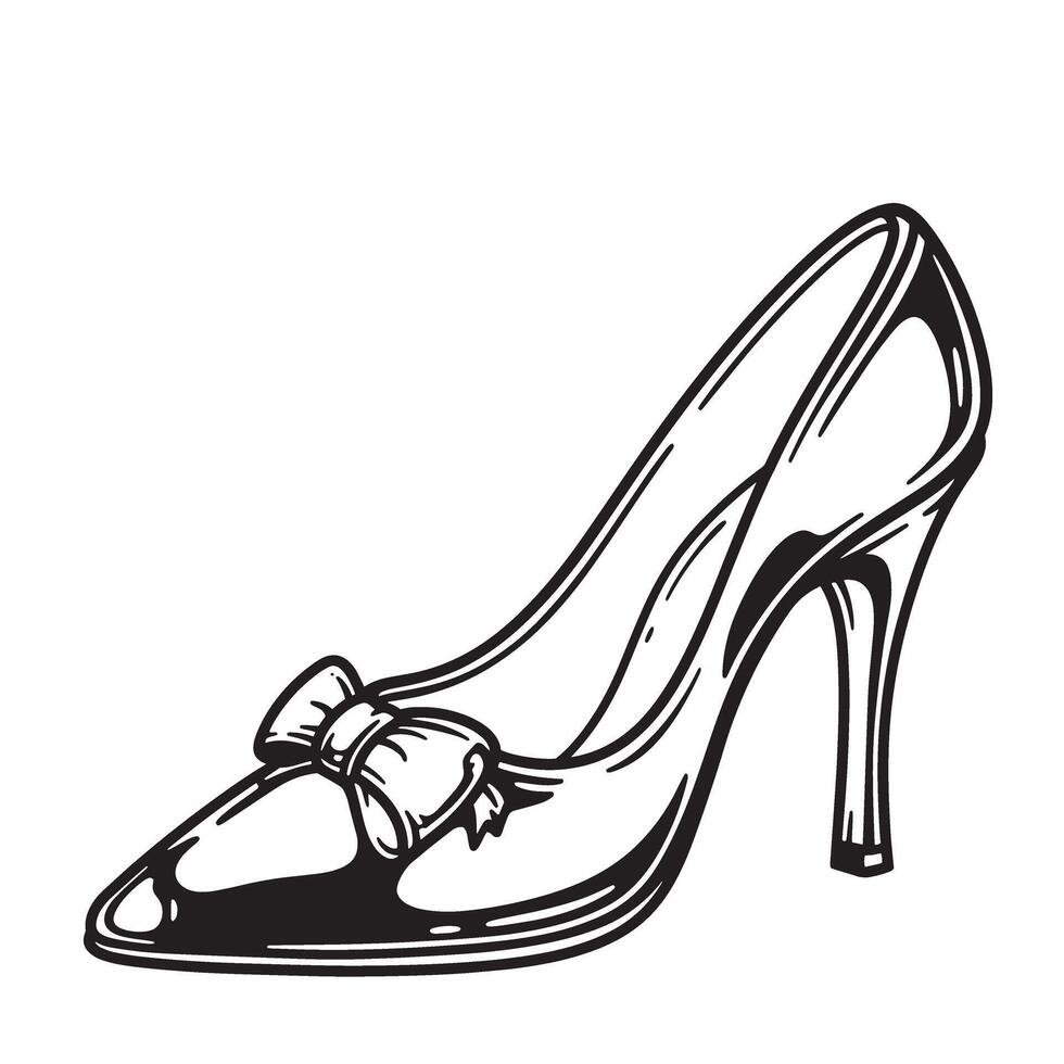 Elegant high heel shoe with bow detailed vintage art silhouette isolated on white background vector