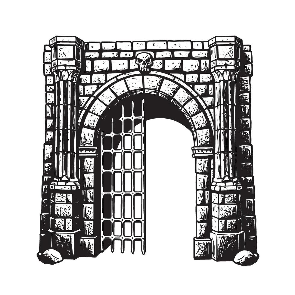 Vintage art silhouette depicting a spooky stone archway entrance with skull ornament vector