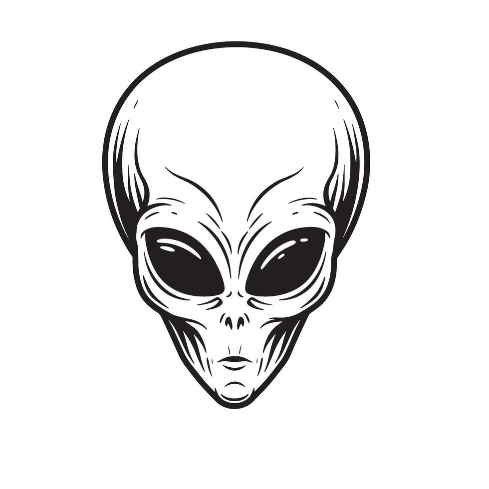 Detailed illustration of a classic alien head silhouette with large eyes and distinctive facial features on a white background vector