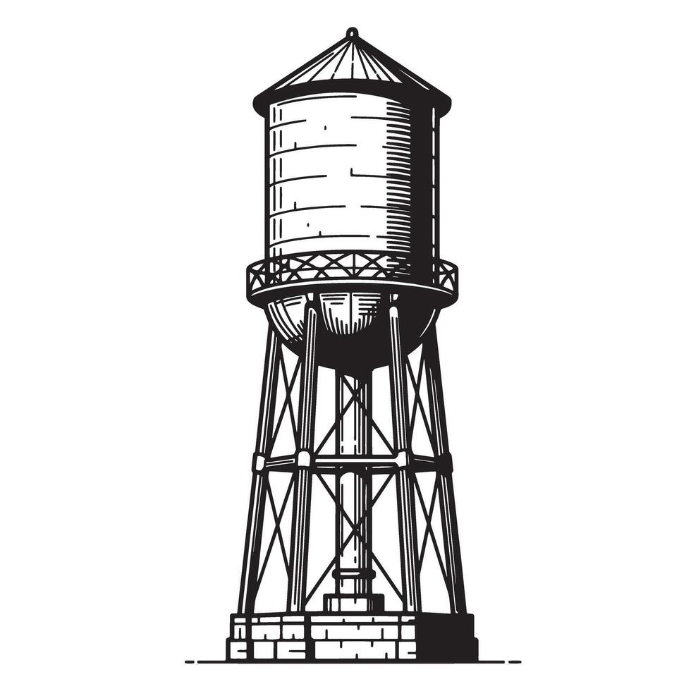 Vintage water tower silhouette illustration in detailed black and white design suitable for architectural and industrial concepts vector