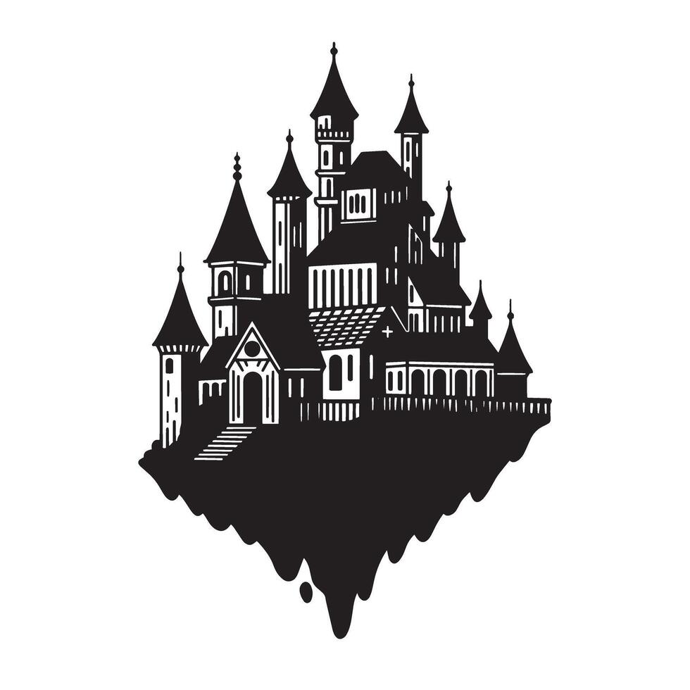 Beautiful vintage art silhouette of a mysterious gothic castle floating in the air vector