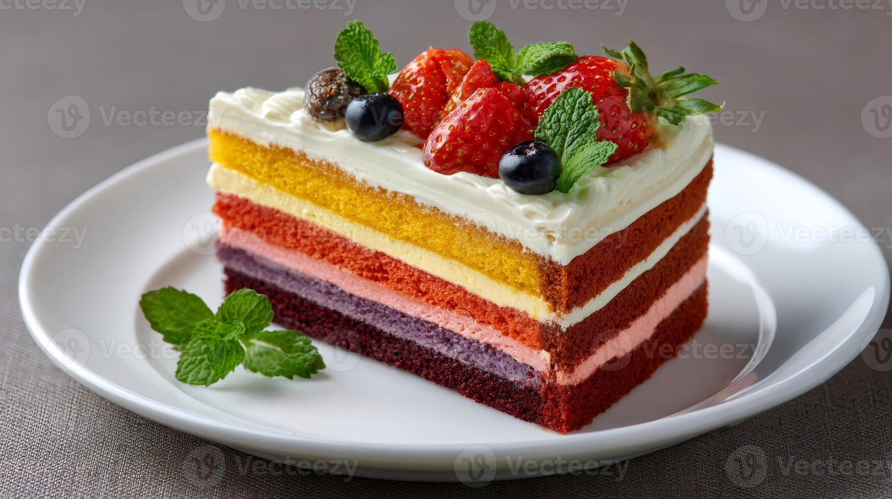 Slice of rainbow cake with whipped cream, fresh berries and mint leaves resting on a white plate photo