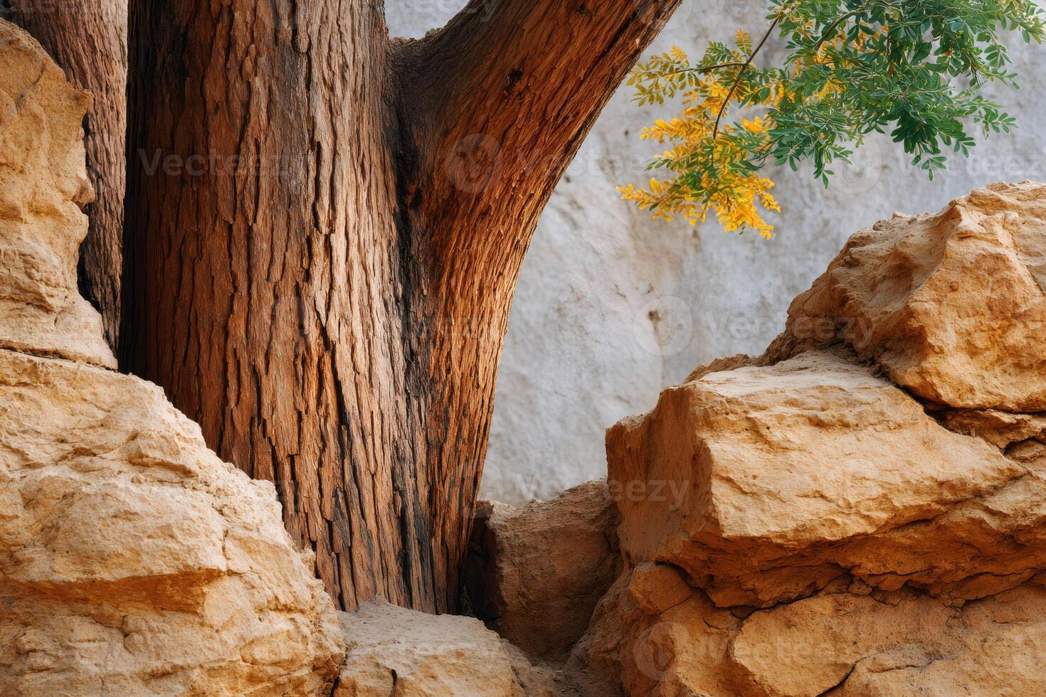 Large tree growing between rocks in the mountain photo