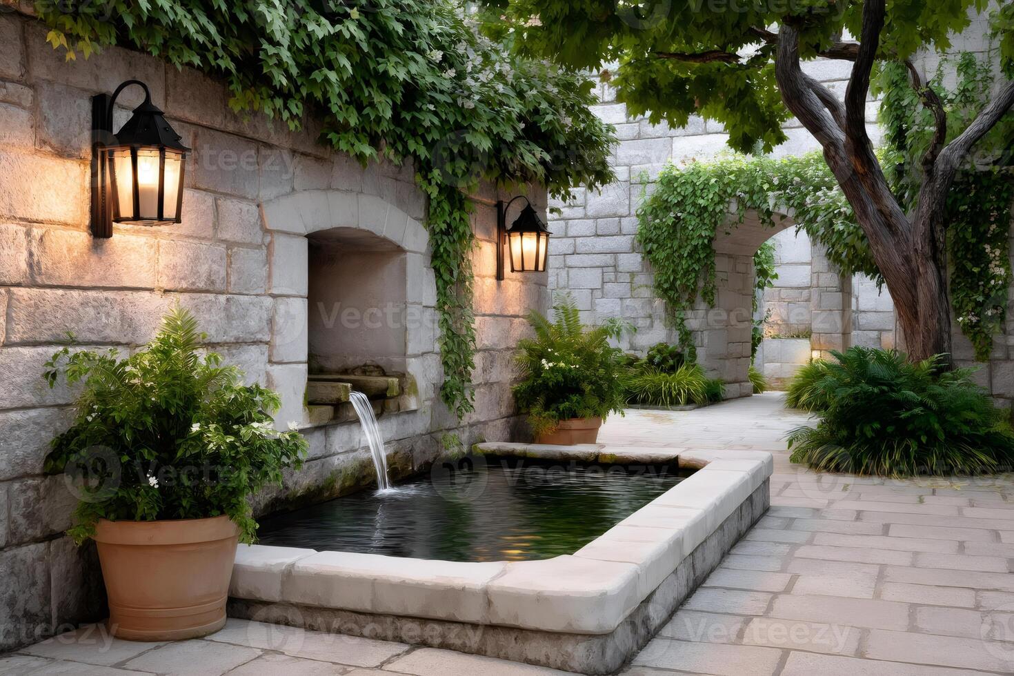 Water flowing in a small fountain in a courtyard with stone walls and lanterns photo