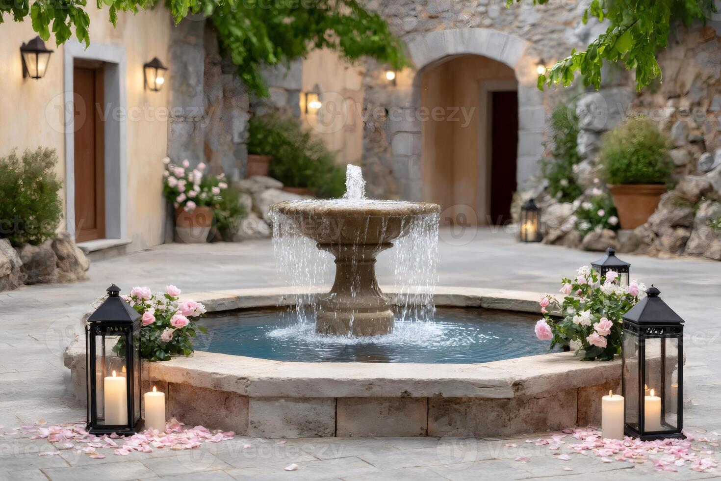 Water flowing in elegant fountain decorated with flowers and candles in charming courtyard photo