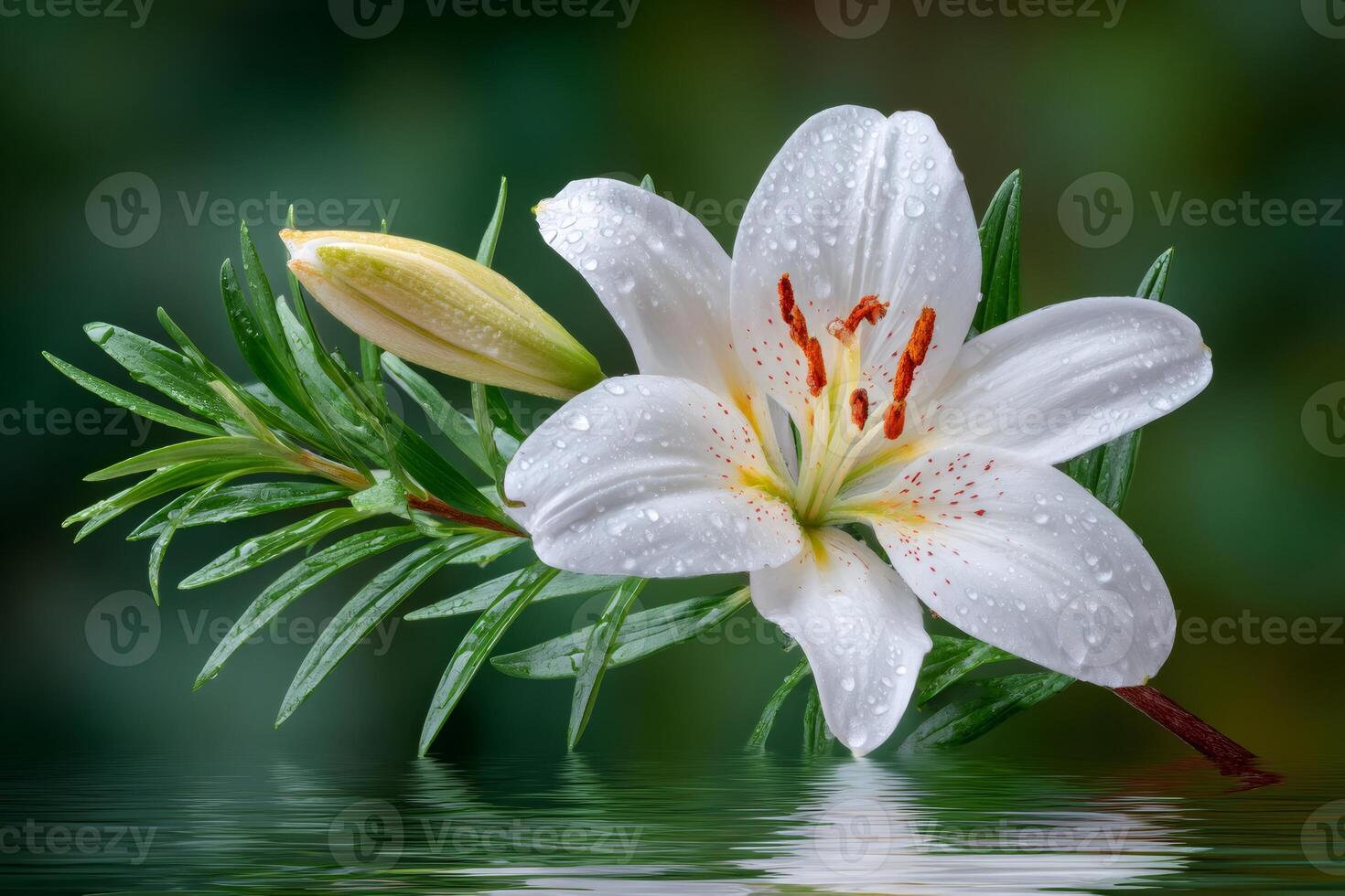 White lily flower with water drops reflecting in the water photo
