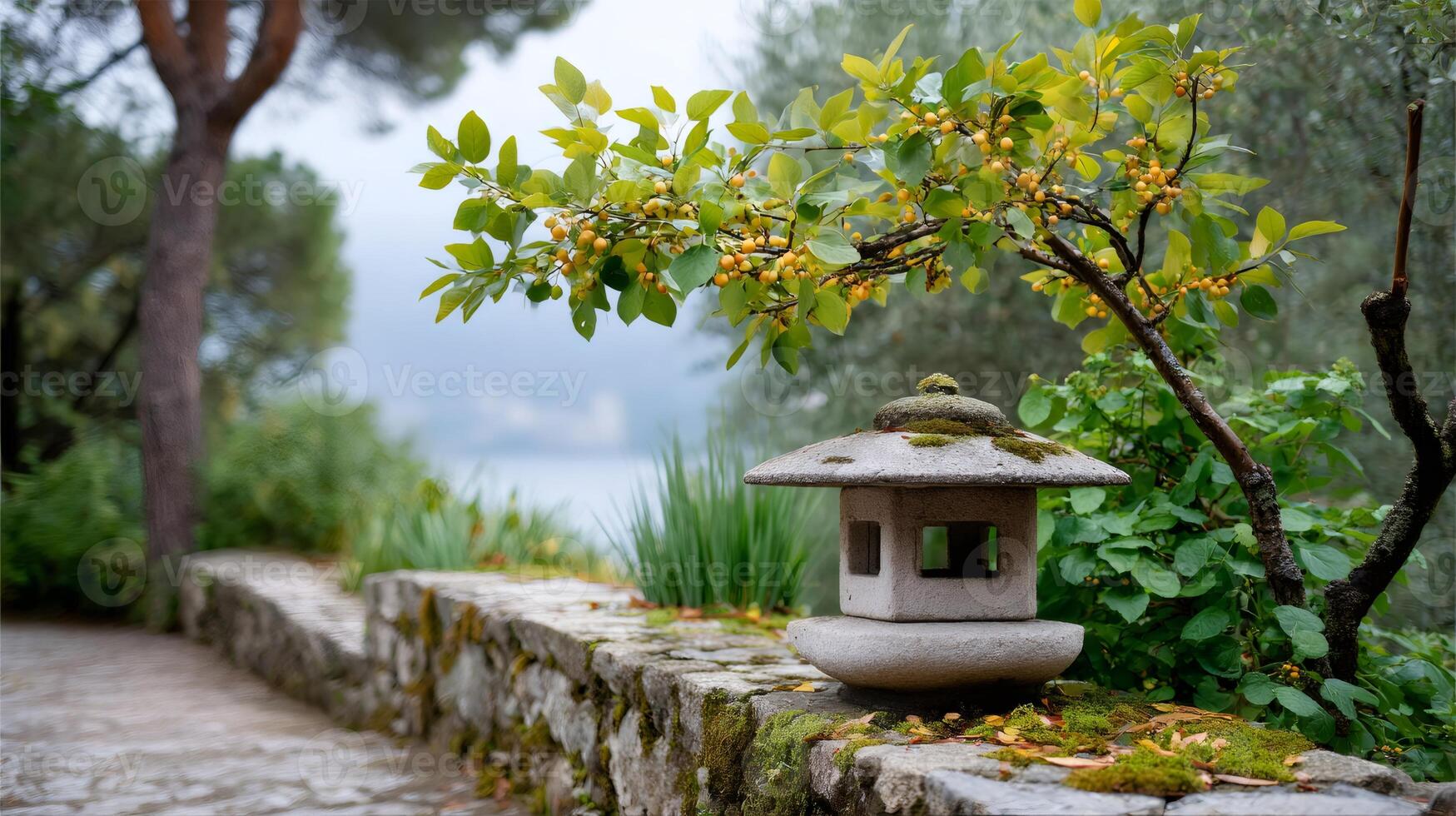 Japanese stone lantern standing on a low wall in a peaceful garden photo