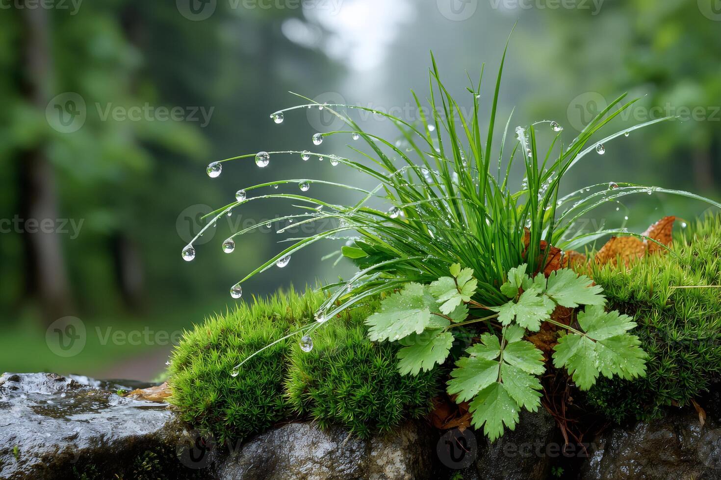 Fresh green grass and moss growing on a rock with water drops after the rain photo