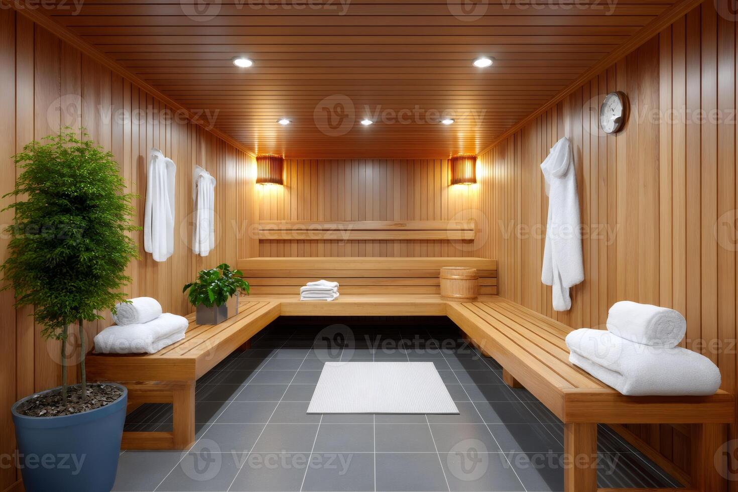 Empty sauna relaxing room made of wood with towels and plants photo