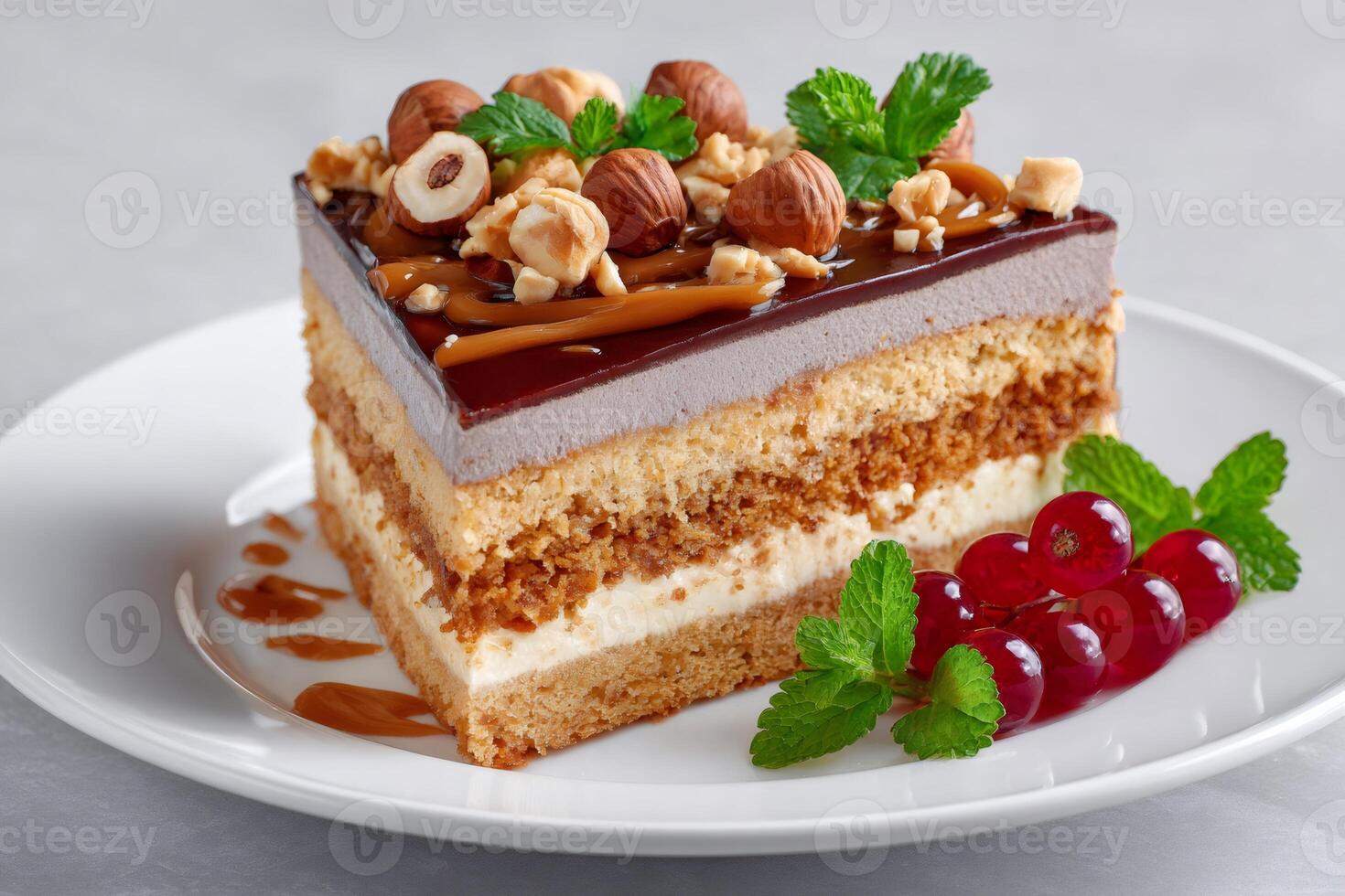 Delicious layered cake with caramel, hazelnuts and chocolate icing, decorated with fresh mint and red currant photo