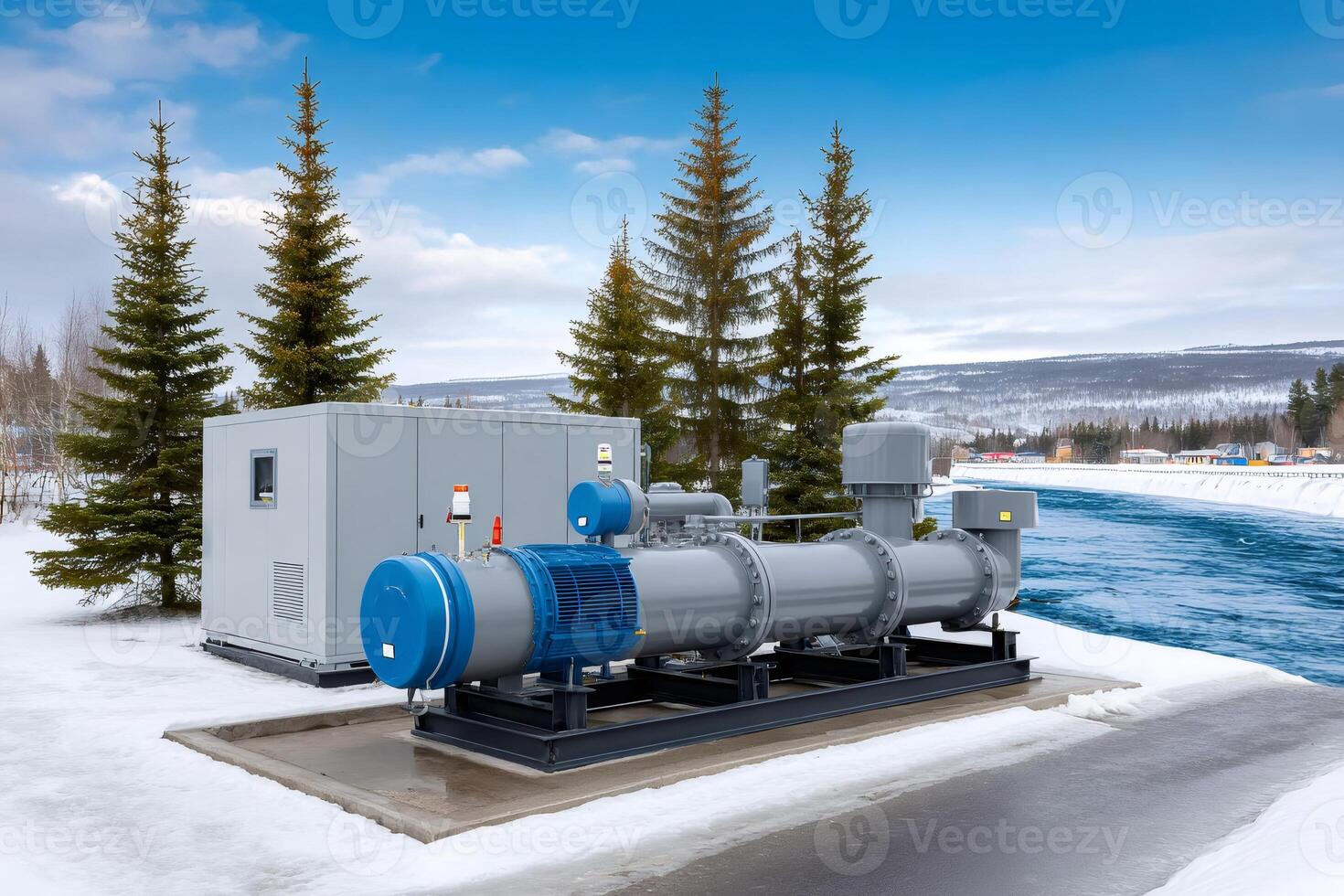 Water pumping station pumping river water in winter photo