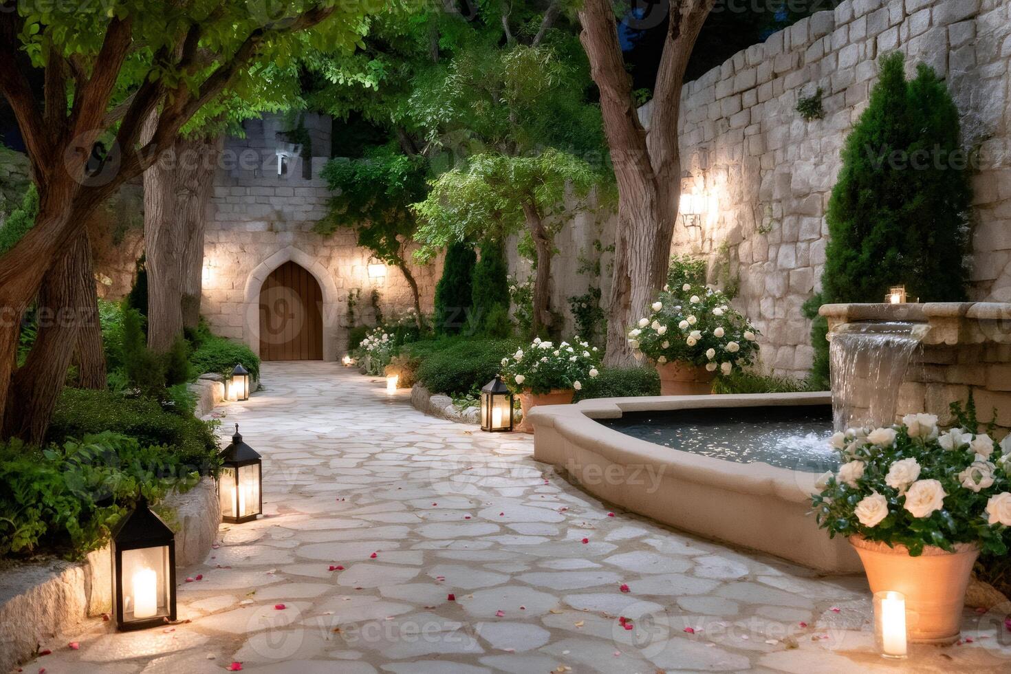 Romantic stone path leading to ancient castle door, illuminated by lanterns at twilight photo