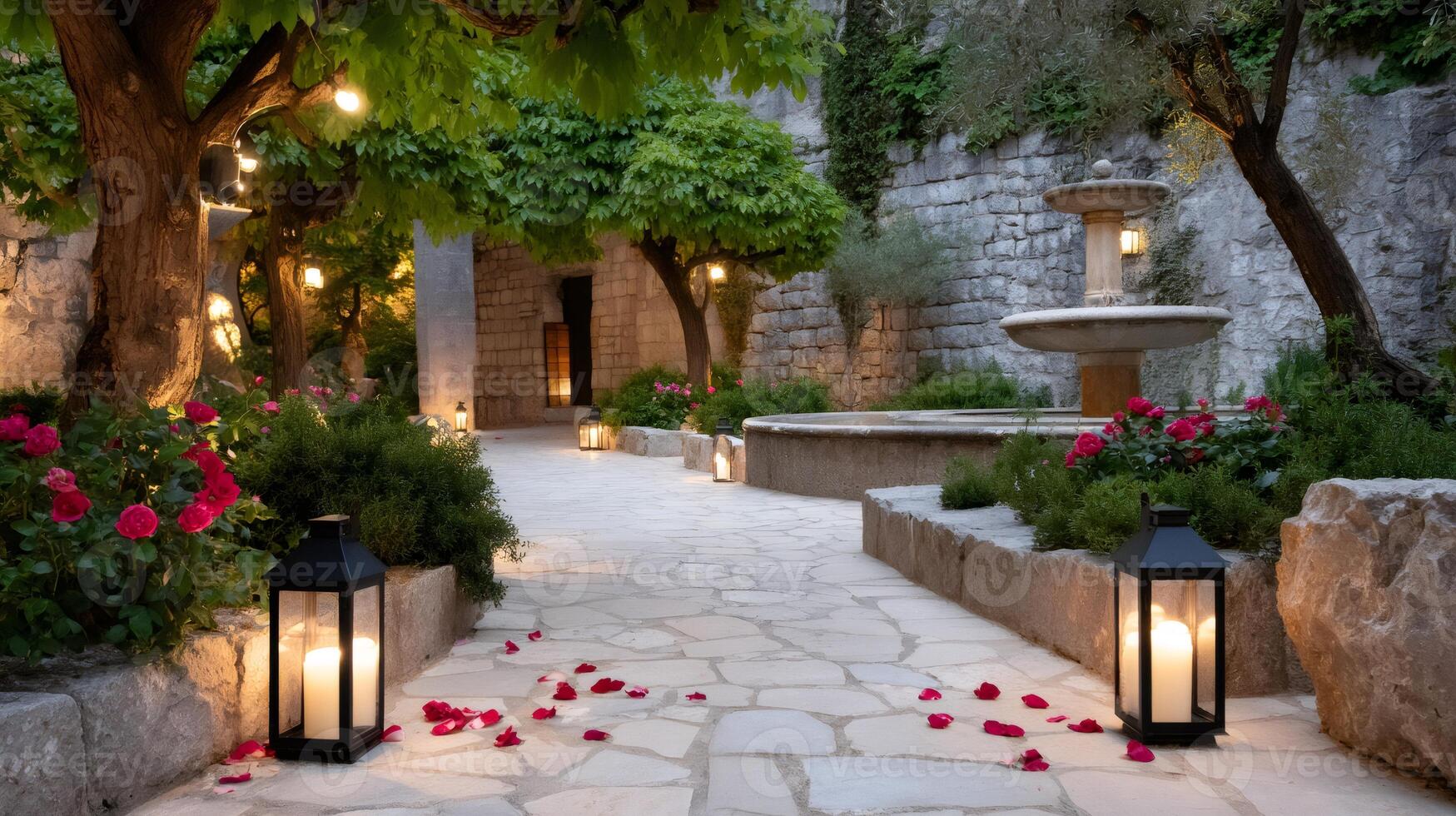Romantic pathway with rose petals leading to a fountain and illuminated by lanterns in a charming garden photo