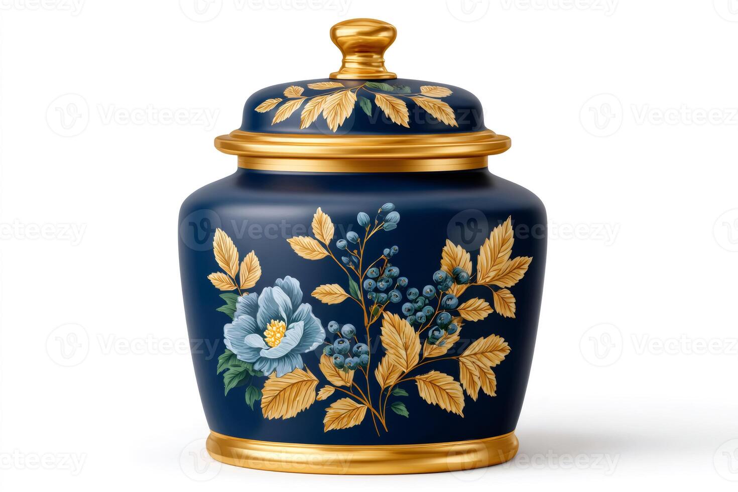 Elegant blue ceramic ginger jar with golden floral decoration and lid photo