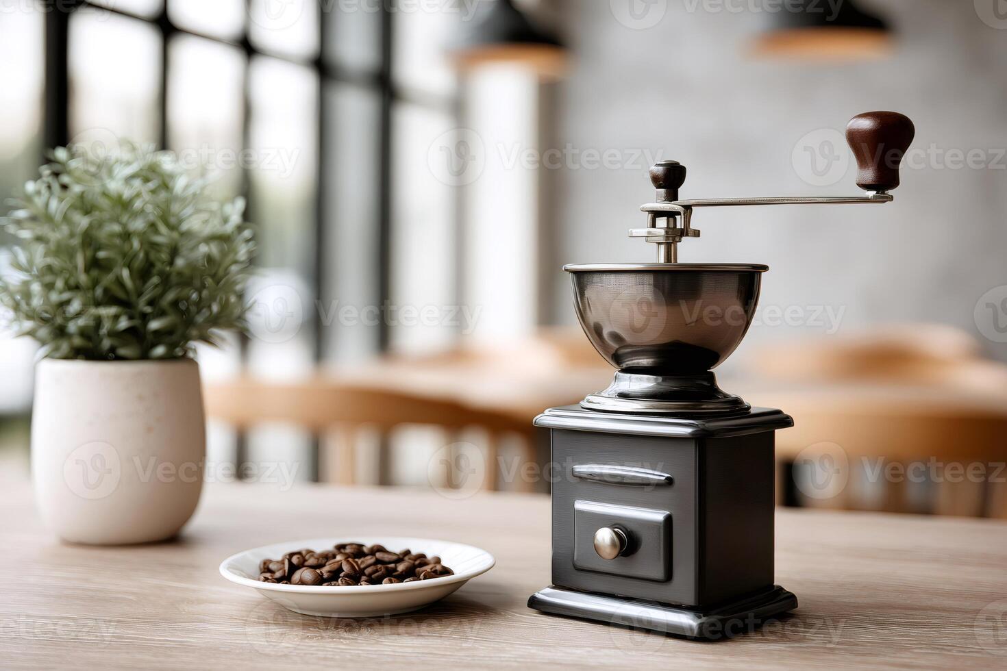 Vintage coffee grinder and roasted coffee beans resting on cafe table photo
