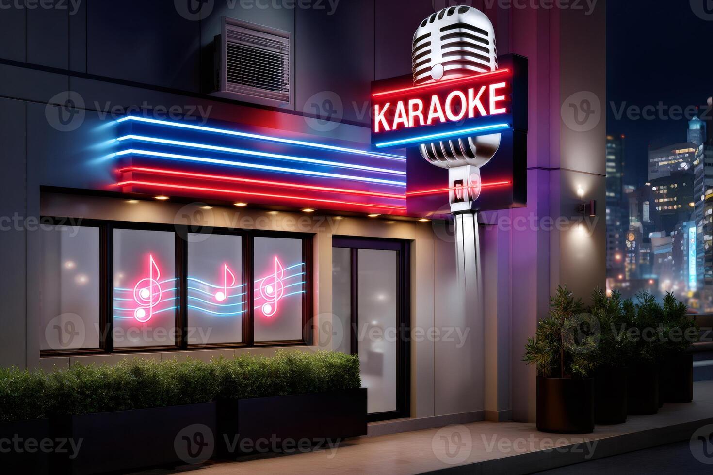 Karaoke bar with neon lights showing a microphone and musical notes at night photo