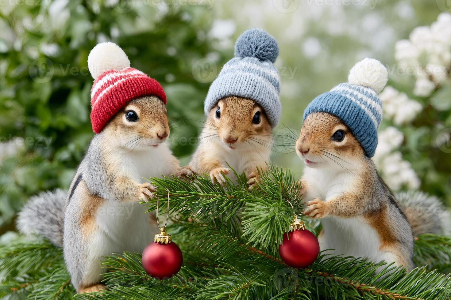 Three chipmunks wearing winter hats decorating Christmas tree with red baubles photo