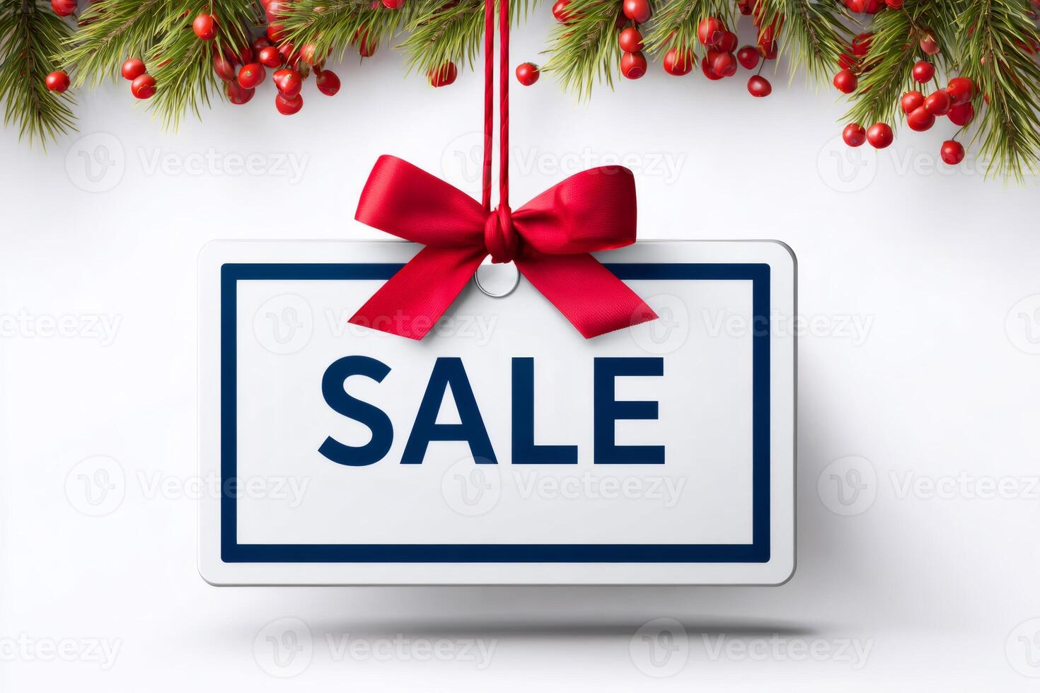 Christmas sale label hanging from fir tree branch with red berries photo