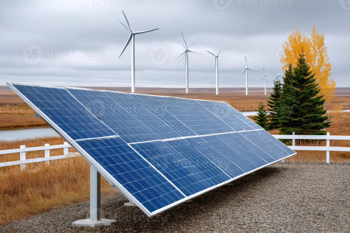 Solar panel and wind turbines generating renewable energy photo