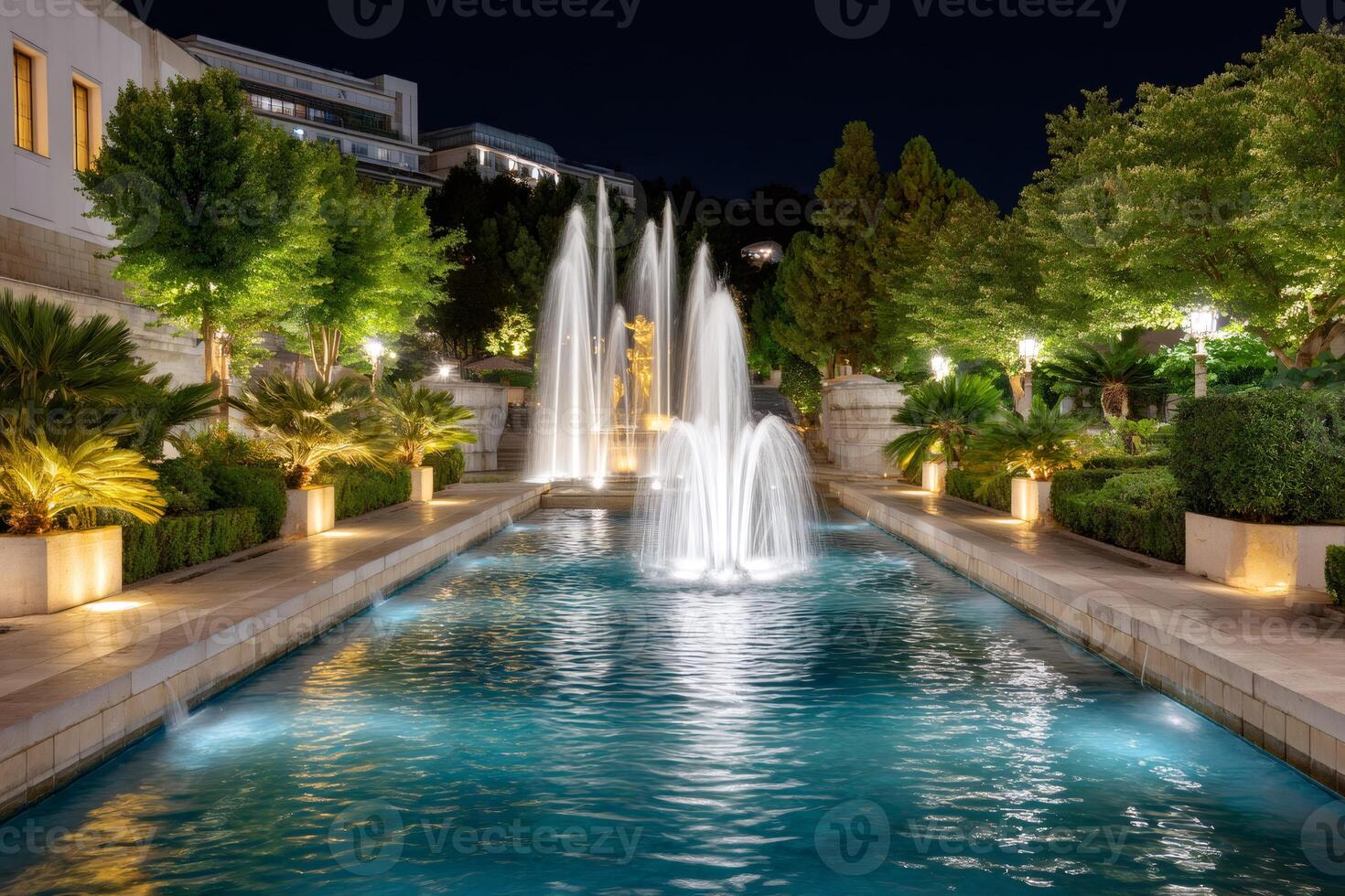 Illuminated fountain jets creating a mesmerizing water display in a luxurious park at night photo