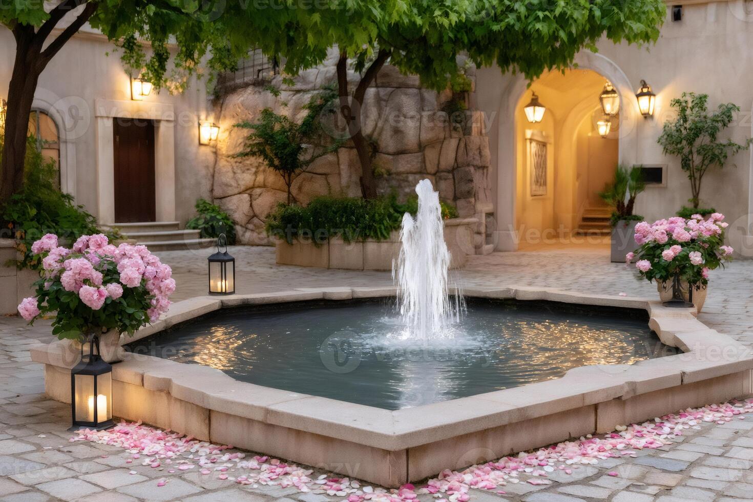 Beautiful fountain sprinkling water in a romantic courtyard with rose petals and lanterns photo